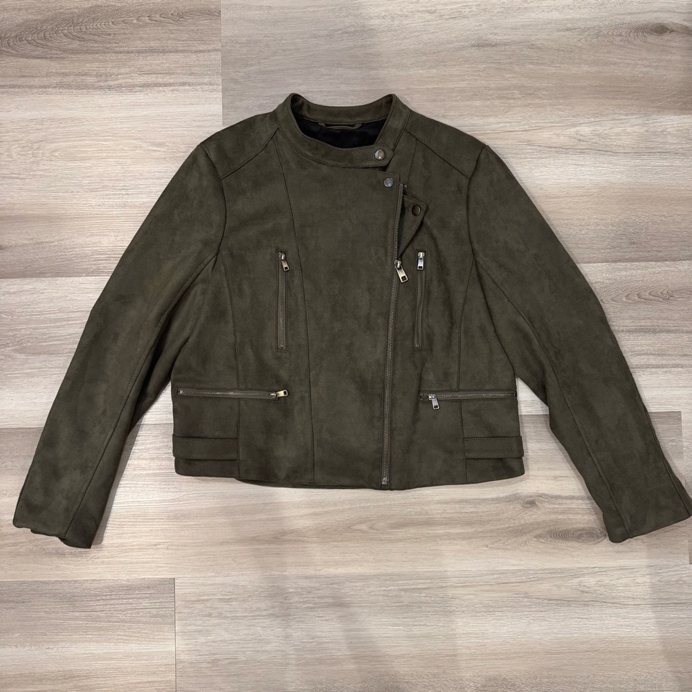 Banana Republic Collarless Vegan Suede Quilted Moto Jacket, dark olive green, XL